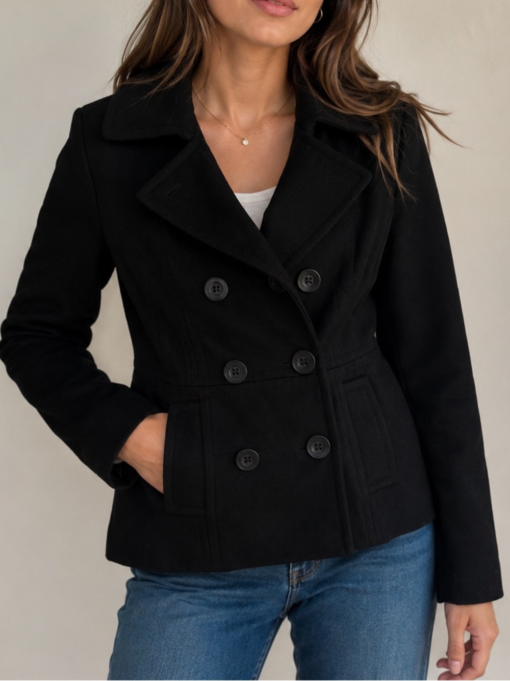 Nine West Black Wool Blend Double-Breasted Pea Coat – Size 6